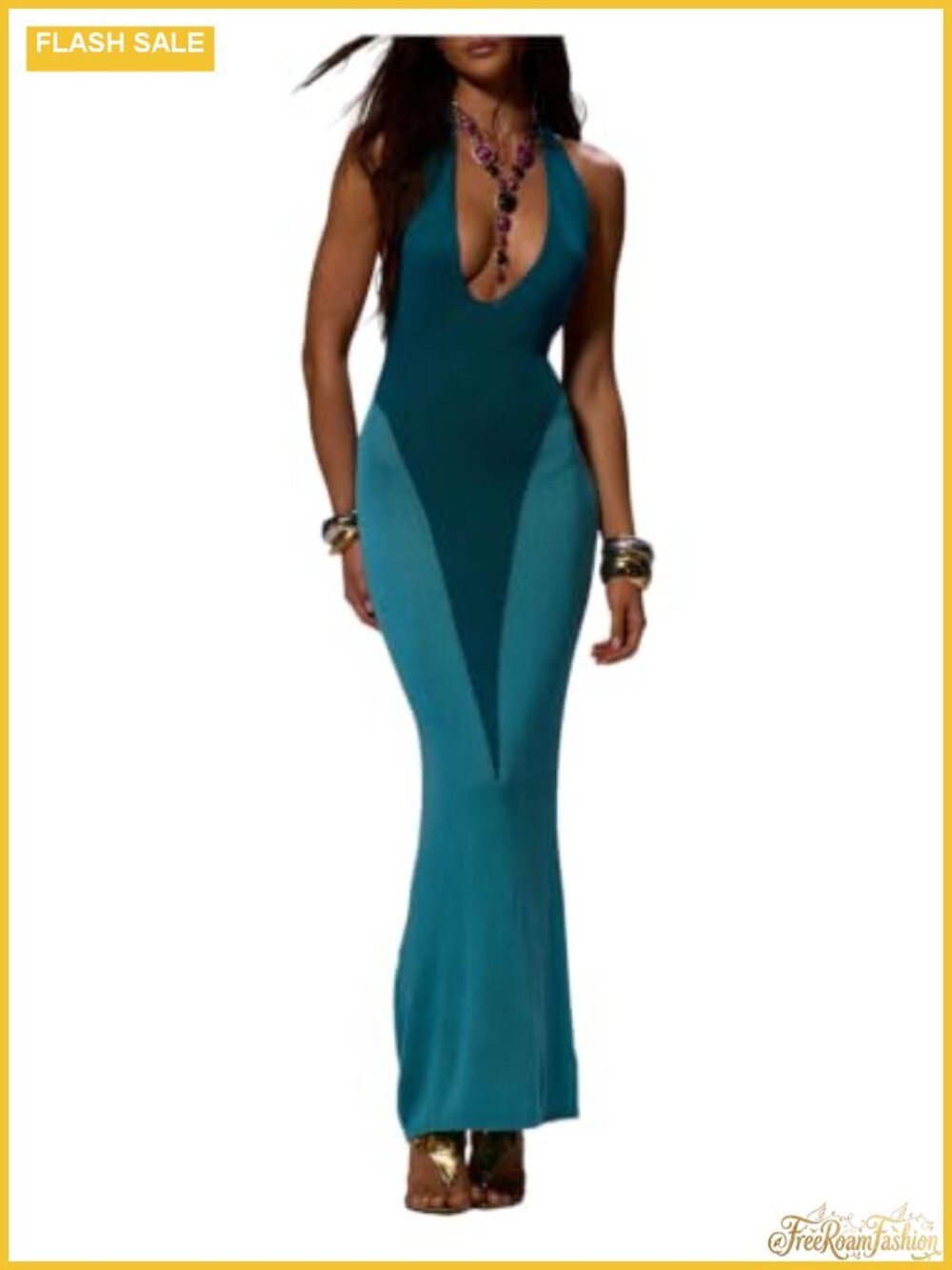 Backless Halter Knit Maxi Dress V-Neck Sleeveless Summer Formal